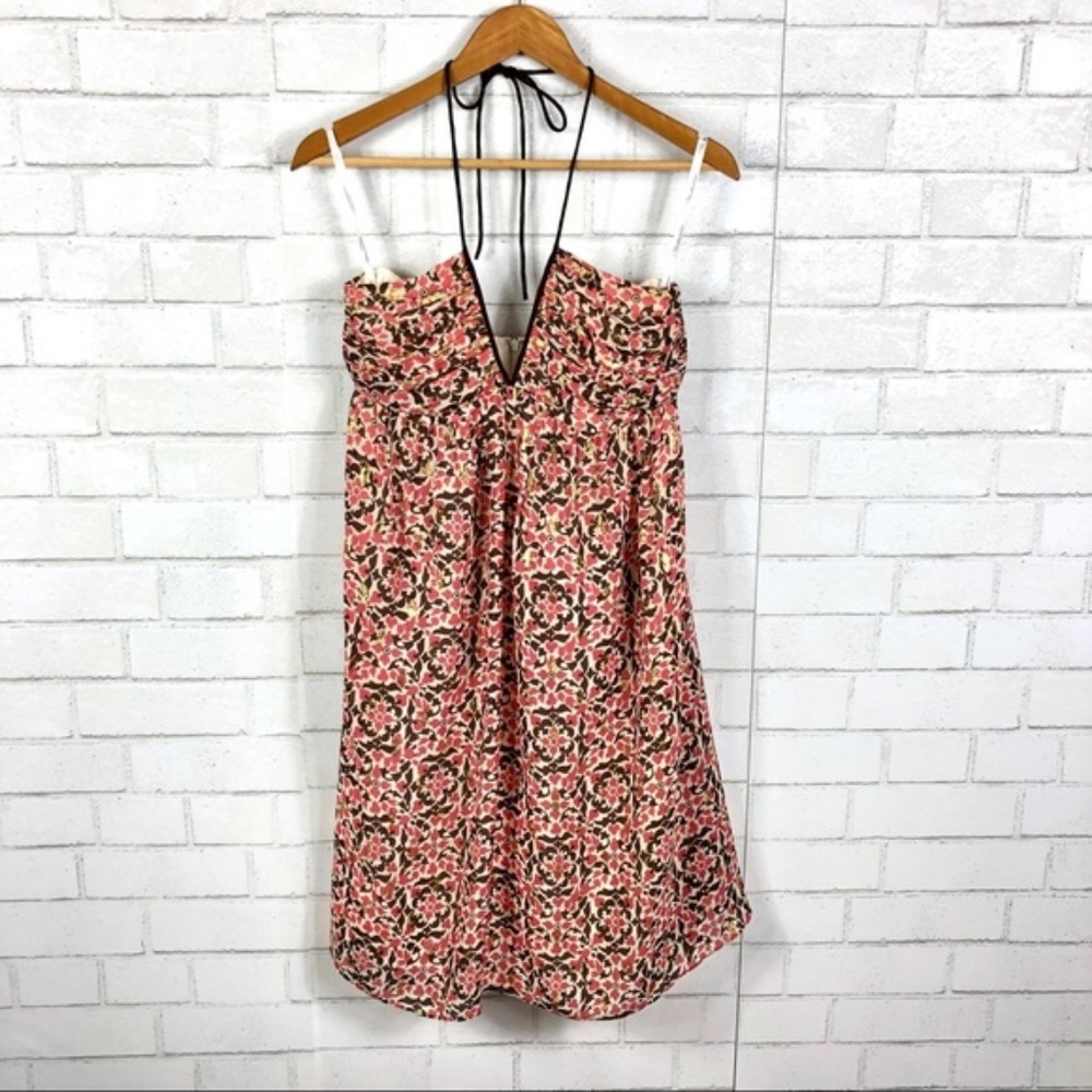 Shoshanna Silk Metallic Floral Halter Dress